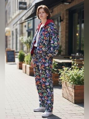 VTG 90s Track Suit Jacket Pants Sz SM/MED Post Card Travel All-Over Print Hooded